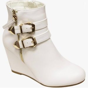 White Faux Leather Wedge Heel Ankle Boots W/ Gold Buckles